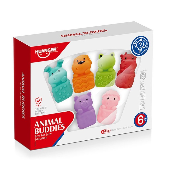 Set jucarii senzoriale, animale colorate moi, 6 buc, 6 luni+