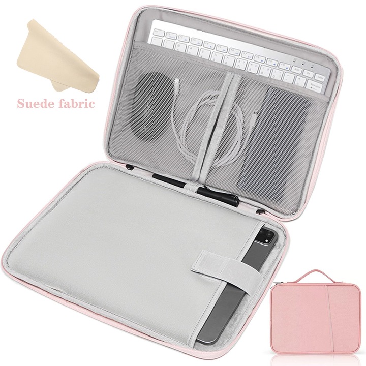 Tabletta védő és szállító tok 10.2–11″, kompatibilis iPad / MatePad / Surface Go, méretei 30 × 23.5 × 2.5 cm, poliészter, ajándék mikroszálas kendővel, rózsaszín