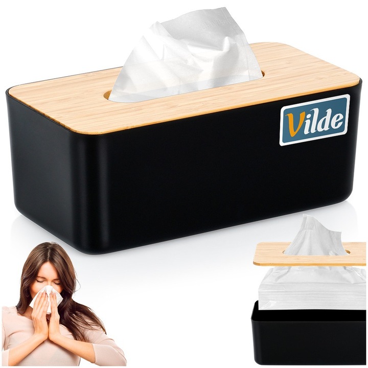 Кутия За Салфетки, Vilde, 24x13x9.5 см, Изработена От Пластмаса, Капак От Бамбуково Дърво, Издръжлива И Устойчива На Повреди, Декоративен Елемент, Висококачествени Материали, Матово Черно