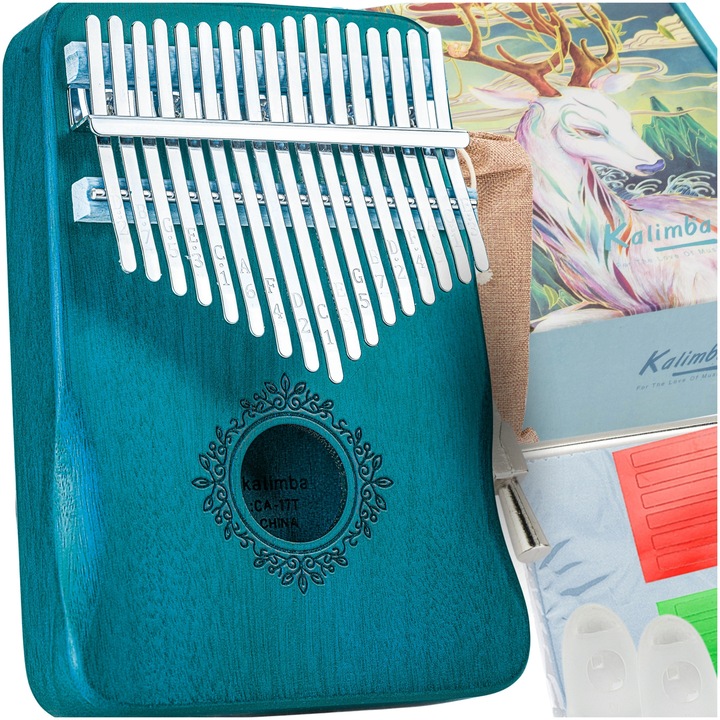 Kalimba 17 clape, Pixel, verde, dimensiuni 18x13x3,5cm