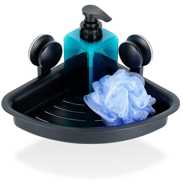 Suport coltar pentru baie, Artemis, negru, 28x22x12cm, montare cu ventuze