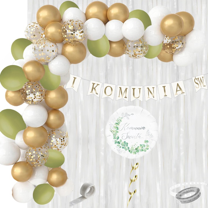 BOHO Kommunió Lufi Szett, 70 darab, fehér, arany, zöld, 12-14 coll