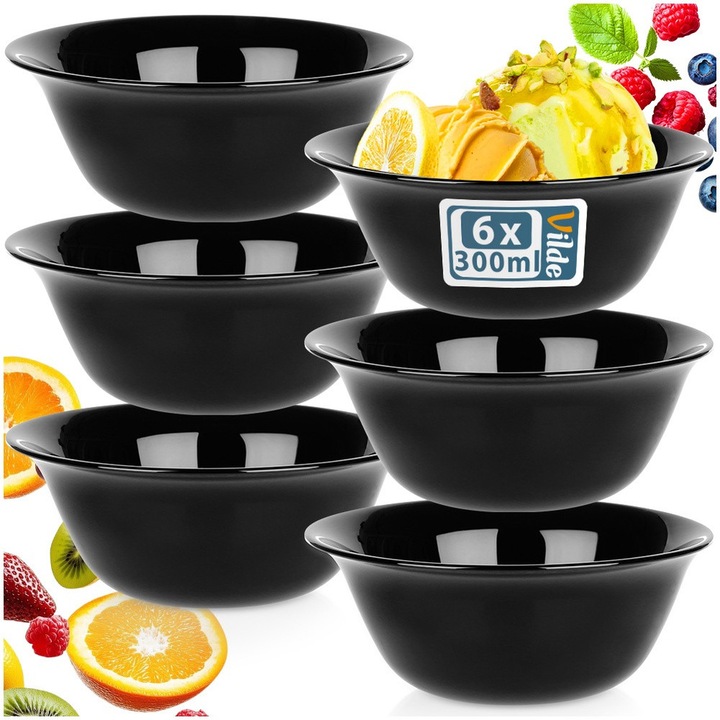 Set De 6 Boluri Din Sticla, Vilde, 300 ml, 13x13x5 cm, Sticla, Rezistente La Temperaturi De Pana La +100°C, Potrivite Pentru Masina De Spalat Vase Si Cuptorul Cu Microunde, Forma Rotunda, Negru
