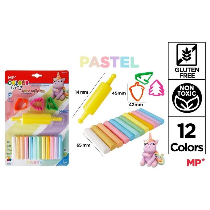 Pasztell gyurma, 12 szín, formákkal és hengerrel készlet