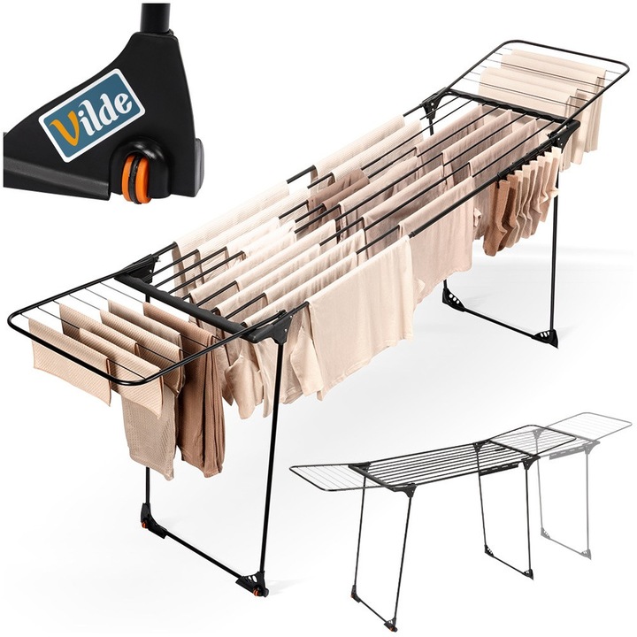 Сушилник за дрехи XXL на колела, Vilde, 204-260 см, черен, 23.6 м площ за сушене, здрава метална рамка, идеален за вътрешна и външна употреба, поставки за чорапи, регулируем и сгъваем за лесно съхранение, голям капацитет на натоварване