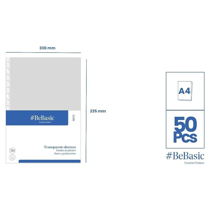 Комплект 50 прозрачни фолиа за папки, BeBasic, A4