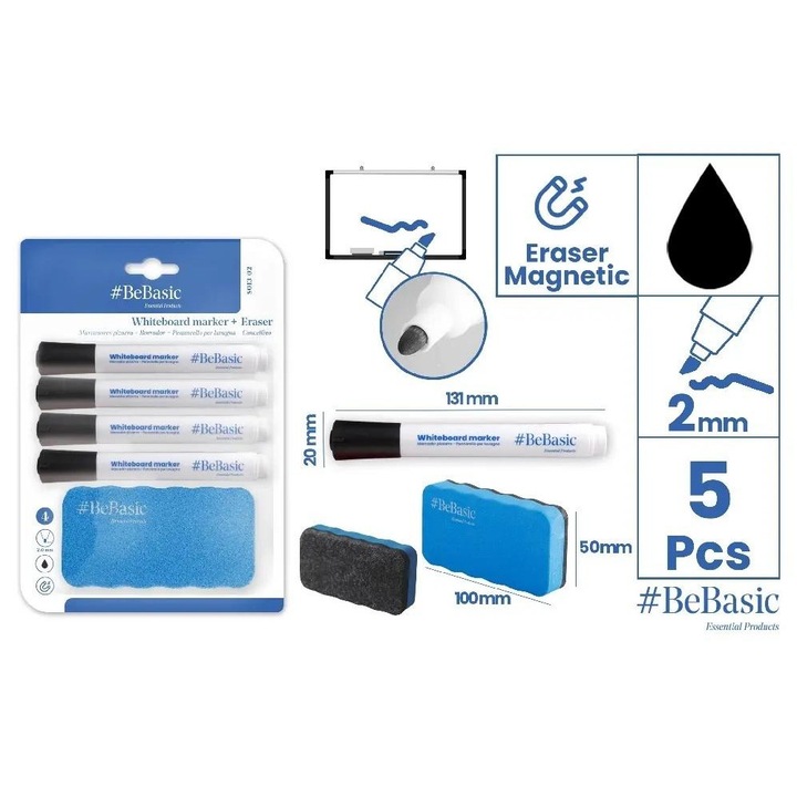 Set 4 markere pentru tabla alba, BeBasic, cu burete
