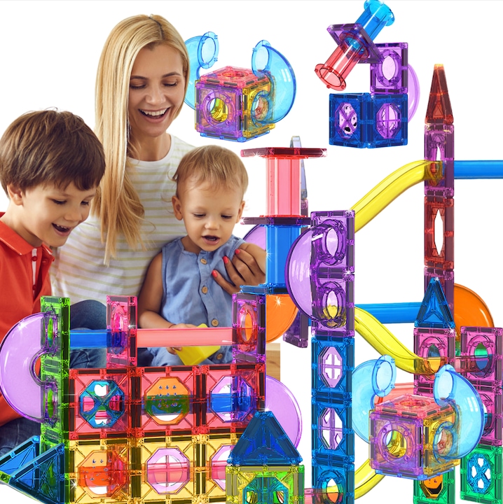Piese magnetice constructie educative 100 bucati – set cuburi magnetice cu pista bile, joc creativ tip kulodrom pentru copii, blocuri magnetice STEM, jucarii educative de construit, set mare cu bile si trasee