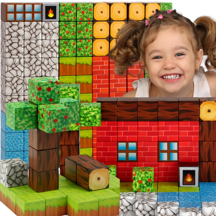 Set blocuri magnetice creative 3D pentru copii – cuburi tip pixeli si blocuri magnetice educative, 100 piese rezistente cu magneti puternici pentru constructii, joaca STEM si dezvoltarea imaginatiei