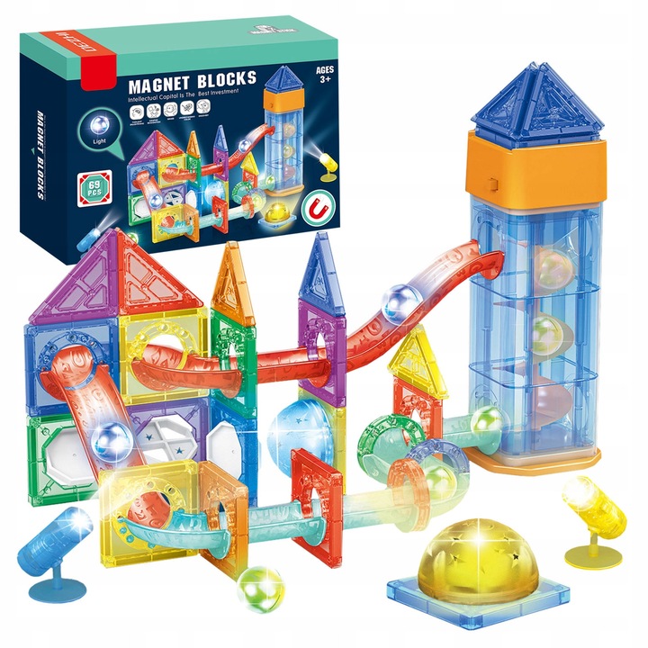 Pista Magnetica Luminoasa, Click4TOYS, Set Blocuri Magnetice Cu Lift Electric Si Efecte LED 69 Elemente, Joc Constructie Cu Bile Si Halogen led Pentru Copii, Dezvolta Perceptia Vizuala Si Coordonarea, Culori Mixte Surpriza