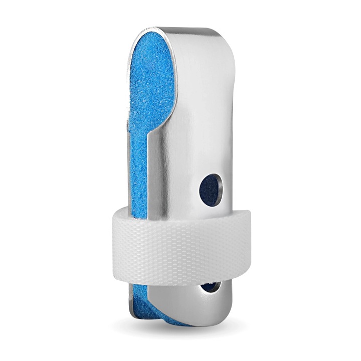 Stabilizator deget, 4FIZJO, MED FN02, orteza medicala cu sina din aluminiu si spuma moale, deschisa si usoara, pentru unguente, luxatii, entorse sau recuperare postoperatorie, dimensiune S, fixare cu velcro, argintiu