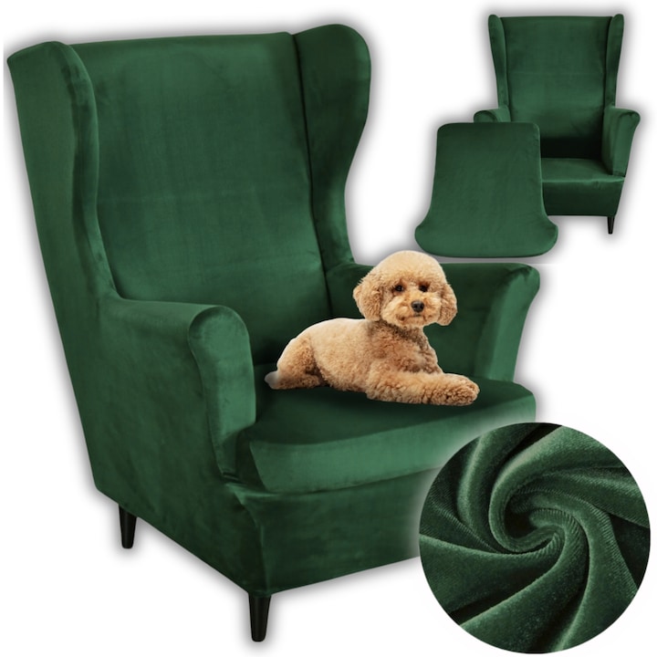 Husa elastica pentru fotoliu, More&Deco, catifea, verde, set cu husa pentru perna