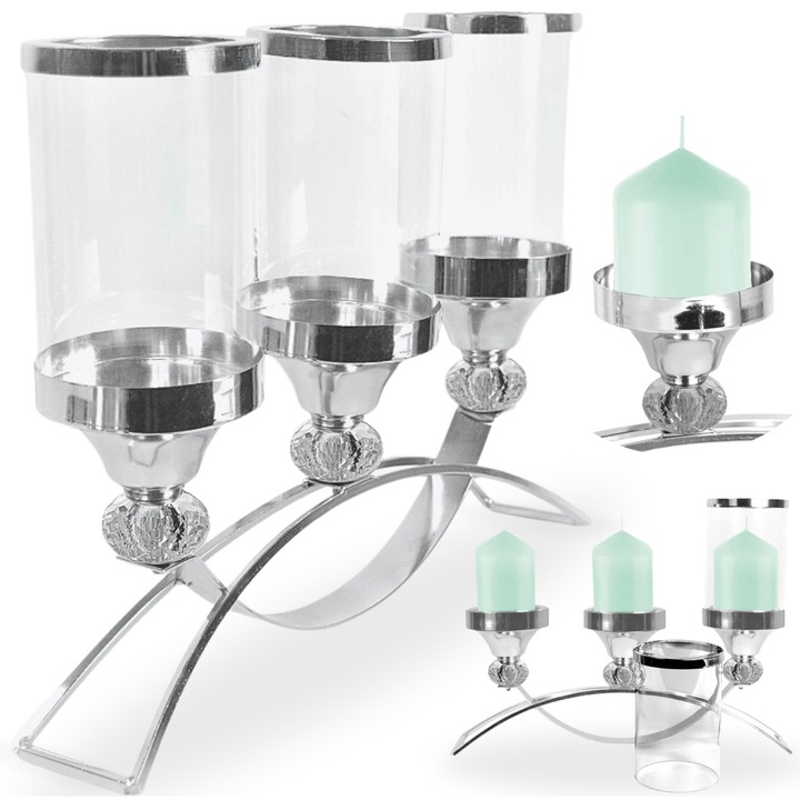 Suport lumanari metalic, More&Deco, glamour, 3 locuri, argintiu, 32x8,5x26cm