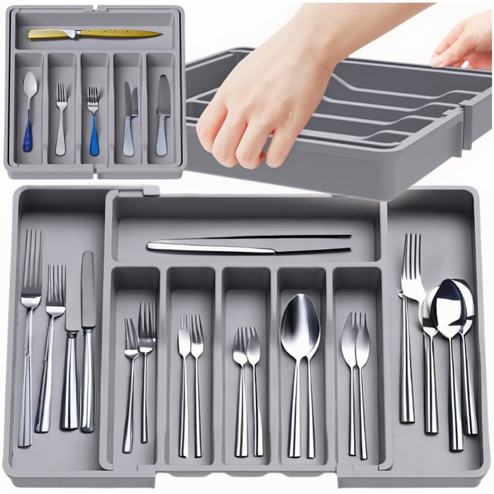 Organizator pentru tacamuri, More&Deco, extensibil, 6-8 compartimente, gri, 33x57x5cm