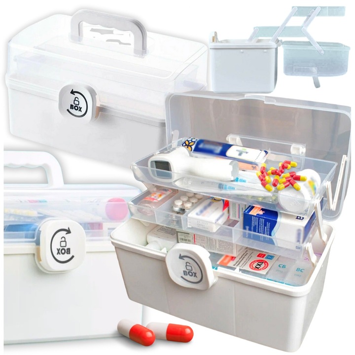 Organizator medical More&Deco XL, crem, 34x19x22cm, cu polite extensibile, sistem de deschidere intuitiv
