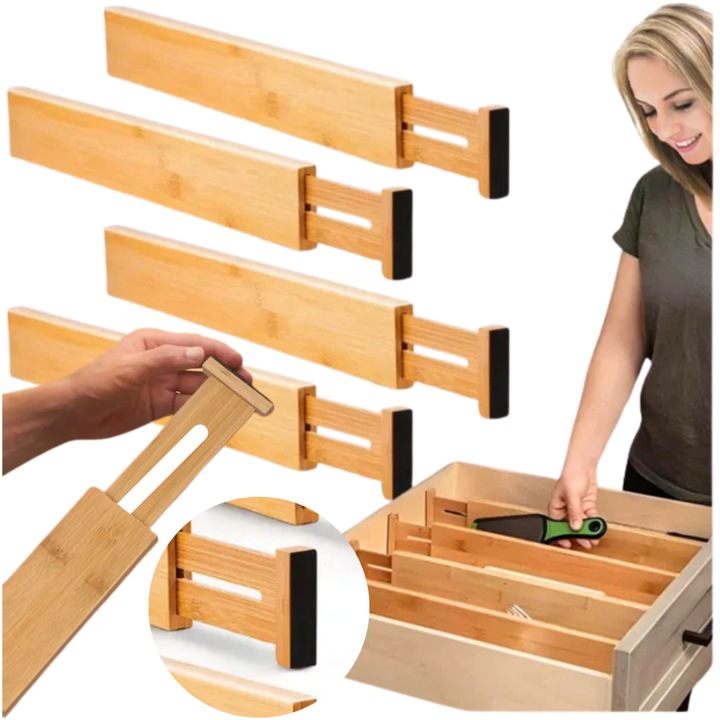 Separatori pentru sertare, More&Deco, set 4 bucati, bambus, dimensiuni reglabile 43x6x1,5 cm - 56x6x1,5 cm