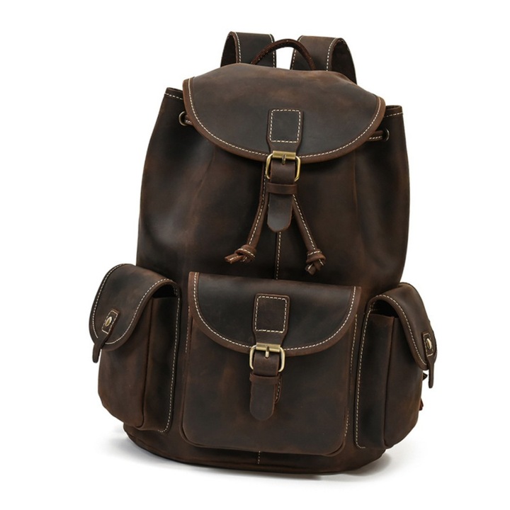 Rucsac din piele naturala, impermeabil, unisex, maro inchis, 41x31x18cm