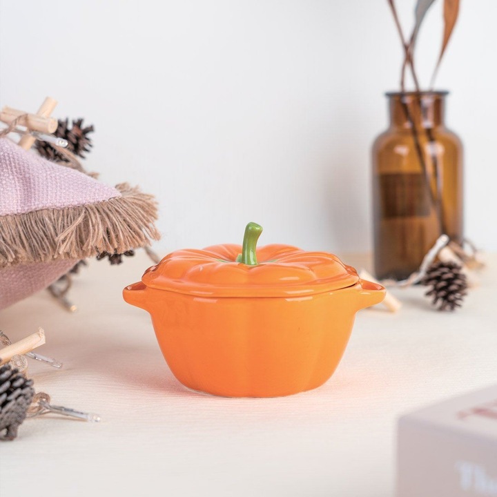 Керамична купа за Хелоуин, оранжева, с капак във формата на тиква, 450мл