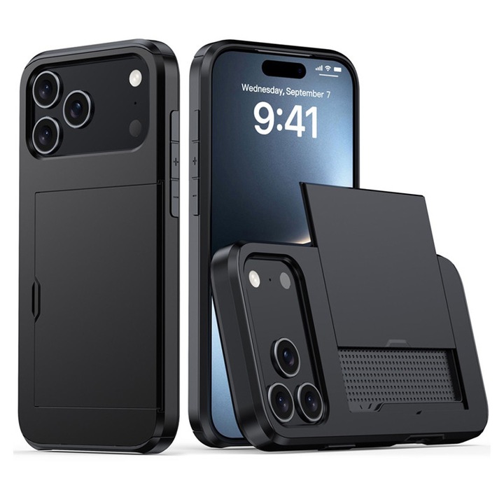 Защитен калъф, съвместим с Apple iPhone 17Pro, ZYNORO®, TPU+PC, против удар, устойчив на удар, с функция за плъзгане, черен