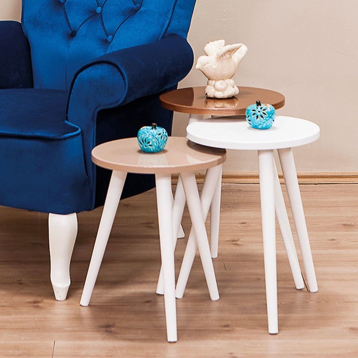 Set 3 masute cafea Zeta, ArteNova, maro-alb-cappuccino, 38.5x50x38.5