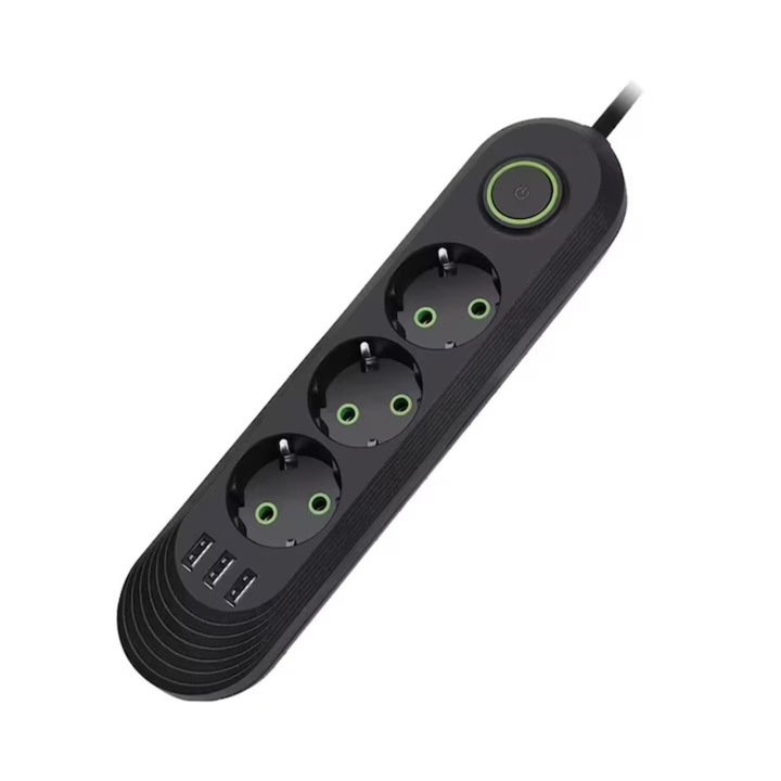Prelungitor VarioShop, 3 prize cu impamantare, 3 porturi USB, negru/verde, cablu 3m