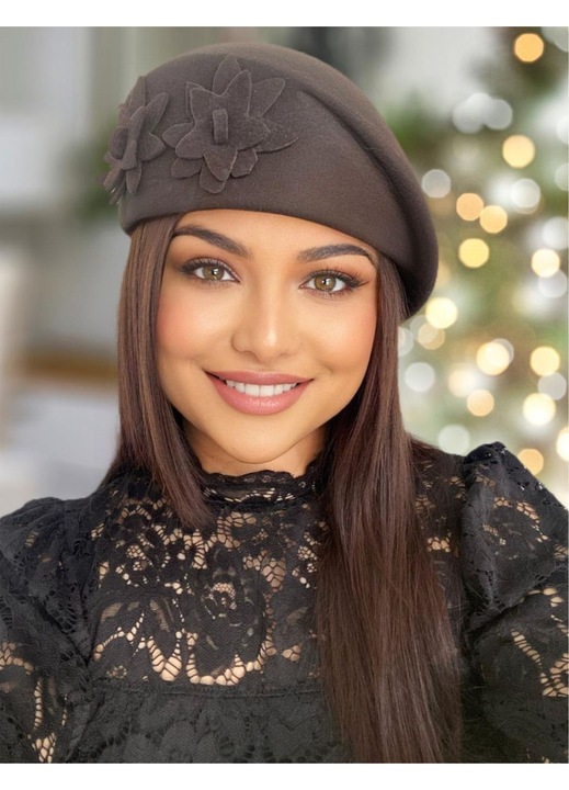 Palarie dama Confortino Ducess, fetru italian 100% lana, maro mahon, marime unica reglabila, dimensiuni 24x23x14cm