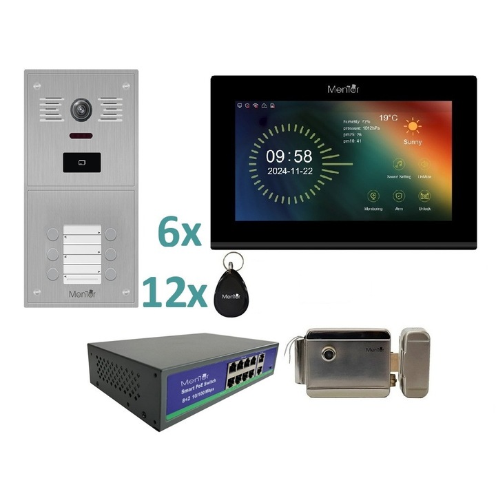 Kit VideoInterfon IP Smart Wireless, WiFi Mentor SYKT093B pentru 6 apartamente, 4in1 cu aplicatie, buton, tag si cheie, 2MP, FHD, IR, RJ45, POE, IP65, Linux - Panou Exterior incastrabil, 6xMonitor Touch 7" Color, Yala, POE