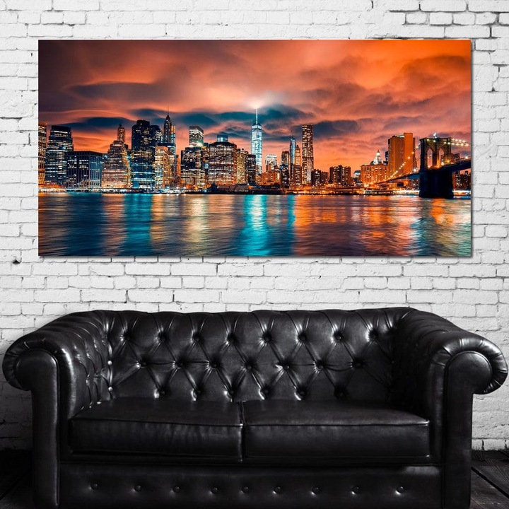 Премиум Канава Картина, LuxCanva® O1004, Мостът Бруклин, 70 X 140 СМ, 100% Памучно Платно 400г/м2, Рамка, Дърво, Ню Йорк, Нощ, Магия, Град, Метрополис, Енергия, Изглед, Полет, Небостъргачи, Елегантен, Надежда, Светлини, Хол, Спалня, Офис