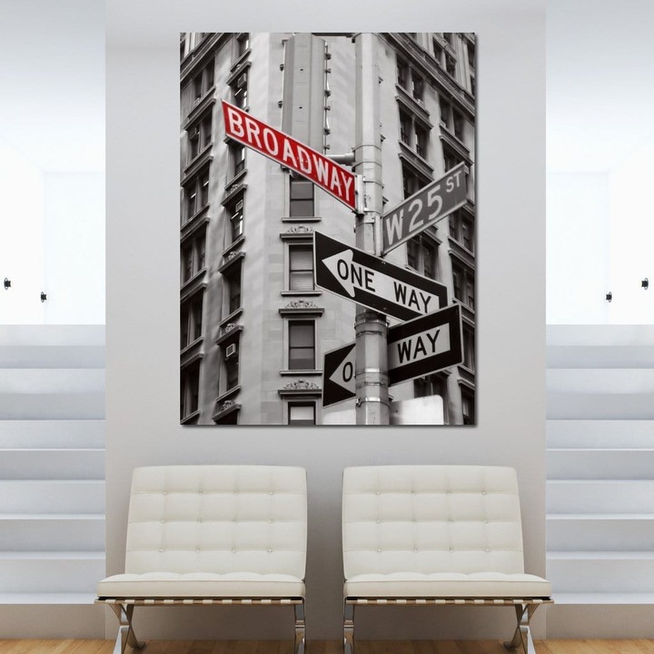 Картина Канава Премиум, LuxCanva® O1005, Пресечката на мечтите, 90 X 120 СМ, Платно 100% Памук 400гр/м2, Рамка, Дърво, Бродуей, Кръстопът, Улици, Знаци, Движение, Градски, Бяло, Черно, Червено, Минимализъм, Америка, Индустриален, Всекидневна, Спалня, Офис
