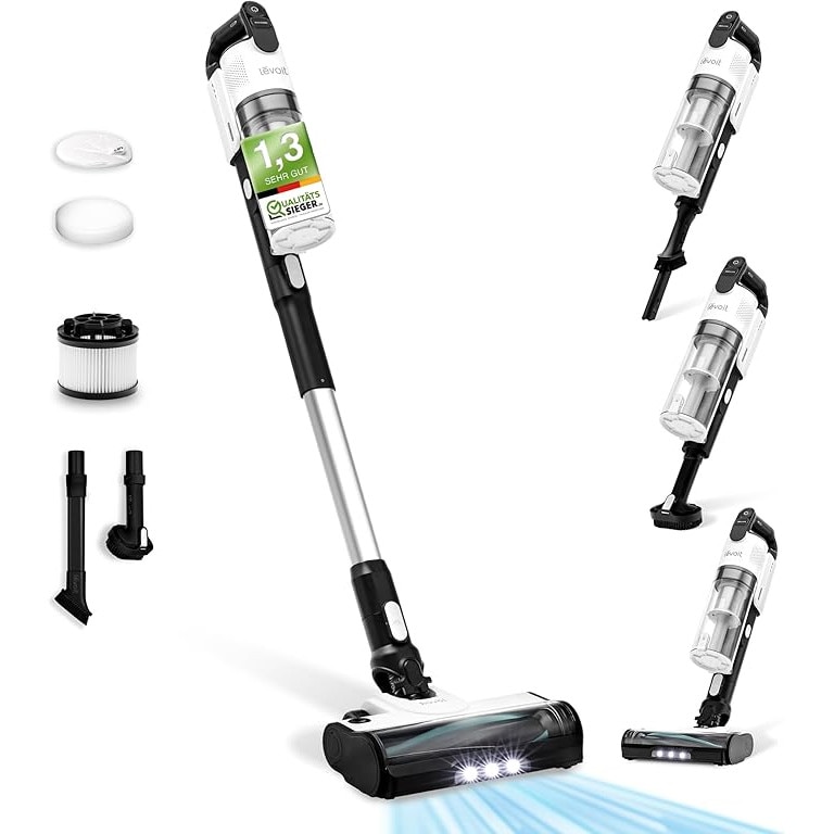 Aspirator cu baterie Levoit, cu duza pentru parul de animale – Anti-incurcare a parului, fara fir 4-in-1 – Performanta filtru 99, 9%, fara sac pentru covoare/soluri dure/masina – Putere maxima 50 W