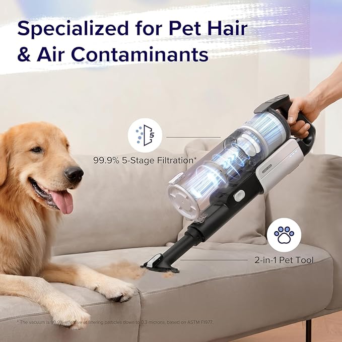 Aspirator cu baterie Levoit, cu duza pentru parul de animale – Anti-incurcare a parului, fara fir 4-in-1 – Performanta filtru 99, 9%, fara sac pentru covoare/soluri dure/masina – Putere maxima 50 W