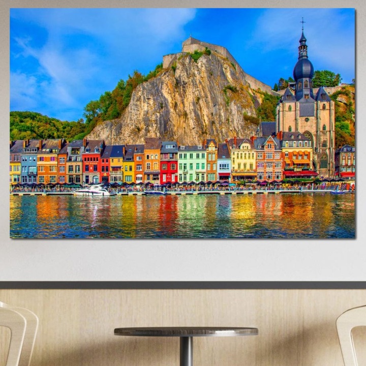 Tablou Canvas Premium, LuxCanva® O1003, Dinant, Orasul Povestilor, 100 X 150 CM, Panza Bumbac 100% 400g/m2, Sasiu, Lemn, Belgia, Case, Colorate, Rau, Meuse, Peisaj, Catedrala Notre-Dame, Stanca, Apa, Vacanta, Reflexii, Living, Dormitor, Birou