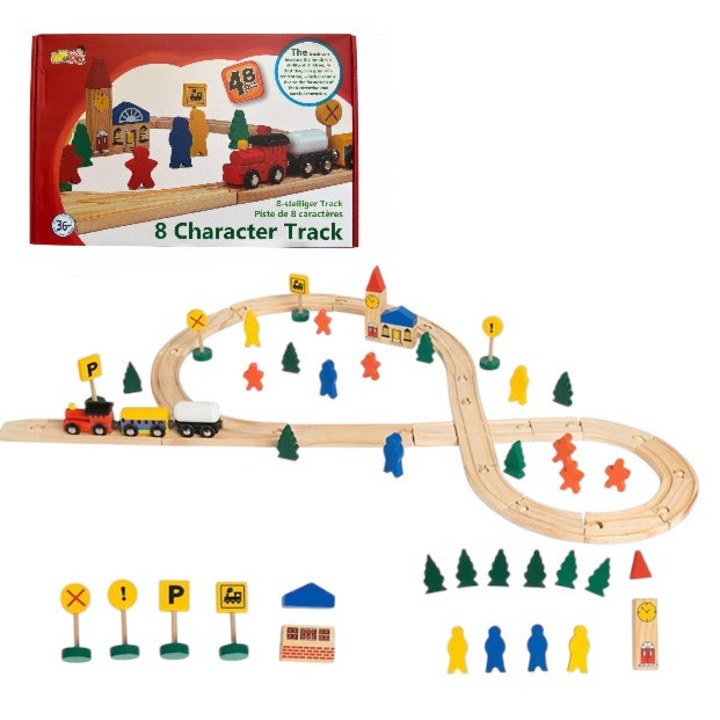 Set trenulet din lemn, 48 piese, sine in forma de 8, jucarie educativa tip Montessori pentru copii 3+ ani, Multicolor