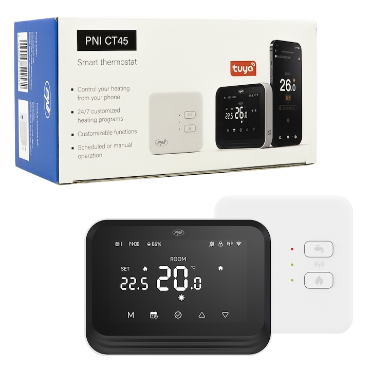 Termostat inteligent PNI CT45 fara fir, WiFi, histerezis ? 0.1?C, senzor de umiditate, control prin Internet, pentru centrale termice, APP TuyaSmart