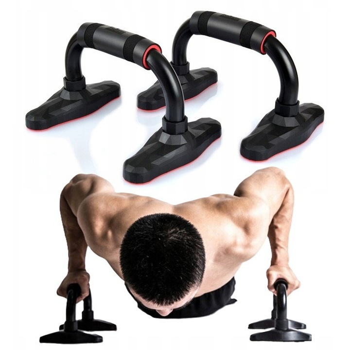 Set 2 manere pentru flotari, Zola, protectie spuma, antiderapante, greutate maxima suportata 150 kg, otel/ABS, 24.5 × 16.5 x 15.5 cm, negru/rosu