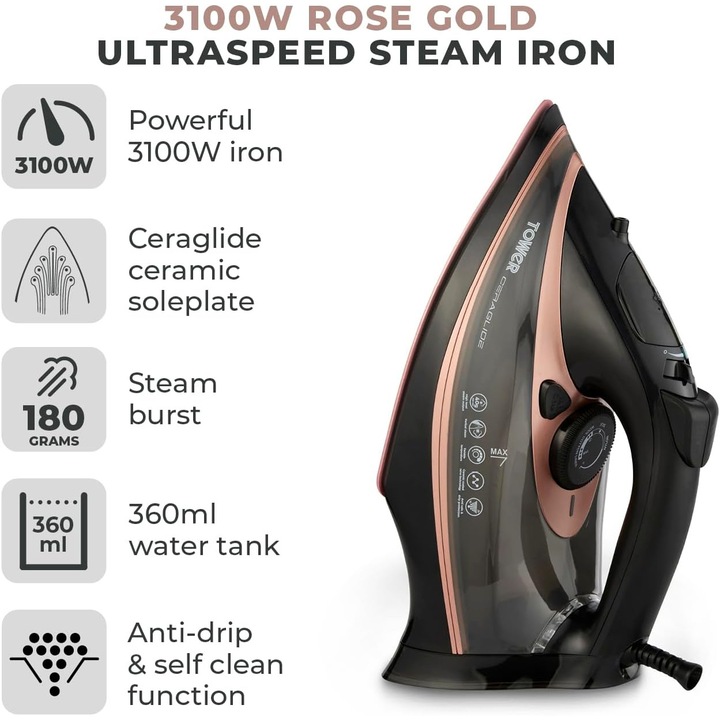 Fier de calcat Tower T22013VDE, 3100 W, 360ml, talpa ceramica, Negru/Rose Gold