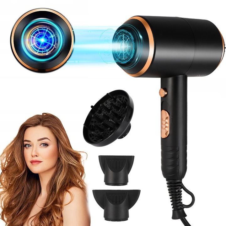 Професионален сешоар YOUKUKE, 3 включени аксесоара, AC мотор 4000W, 3 температурни степени, 300 милиона йони, безшумен, подвижен въздушен филтър, модерен дизайн, черен