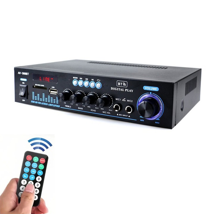 SWAREY audio erősítő, 60Wx2, Bluetooth 5.0, 2 bemenet, távirányítóval, FM rádió