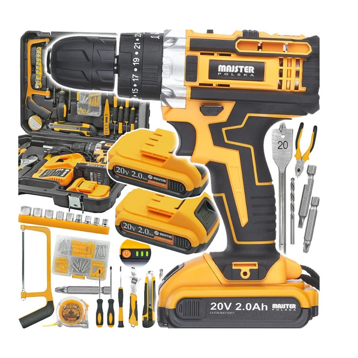 Masina de gaurit cu percutie cu acumulator Majster Polska MP0424LTK, 2 x 20 V, set 26 accesorii, geanta transport