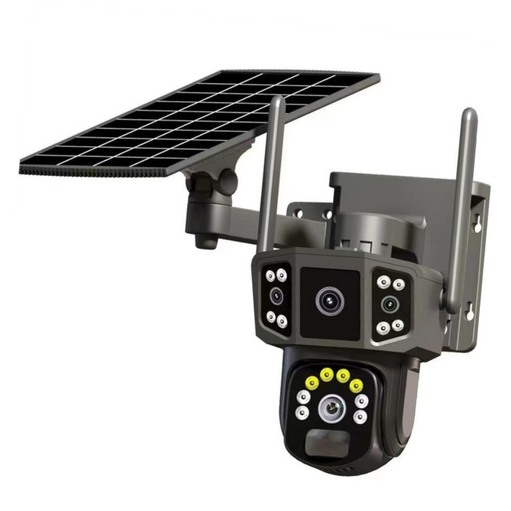 Камера за наблюдение 2В1 с тройно виждане, 4G SIM карта, монокристален слънчев панел, цветно нощно виждане, преносима, автоматично завъртане, интелигентно проследяване, IP66, черна
