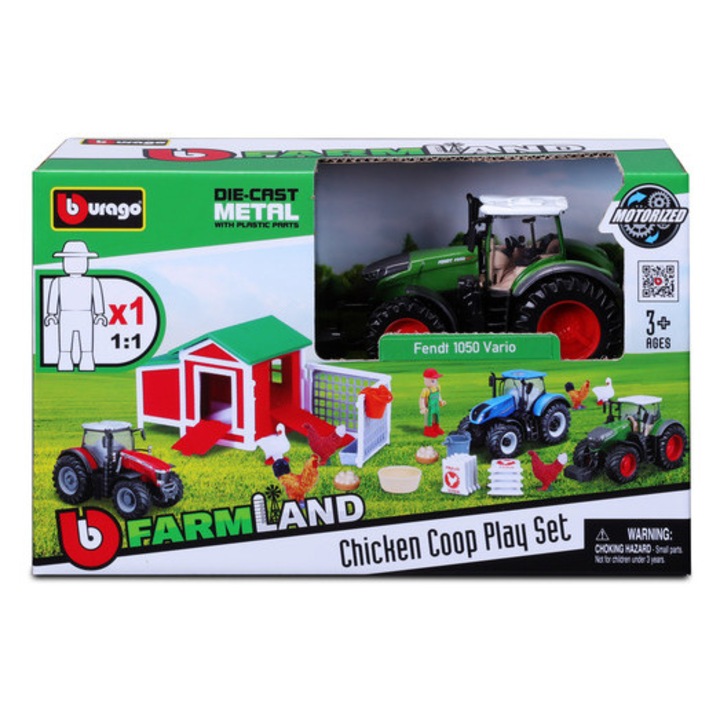 Set jucărie tractor 10 cm, BBurago, cotet pentru găini, 17 accesorii, multicolor