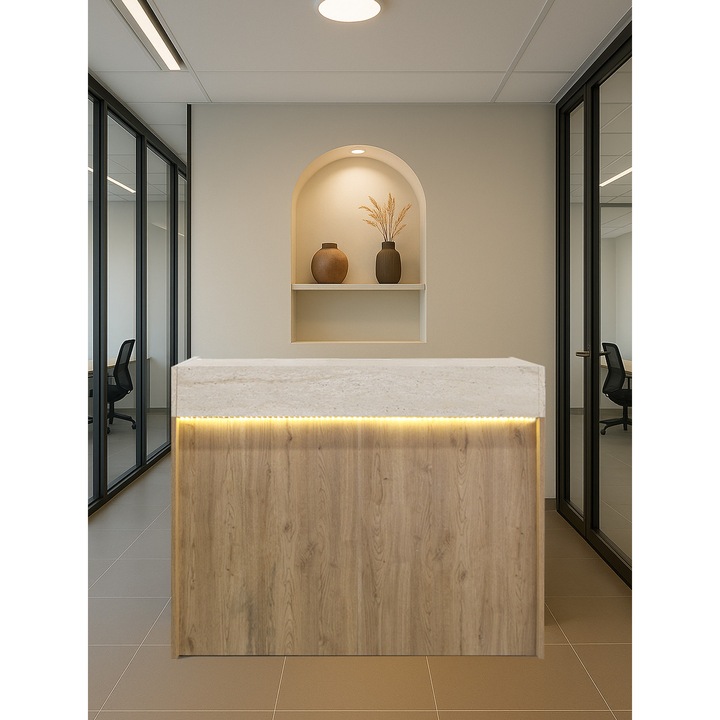 Рецепция Wilko от меламиново ПДЧ с вид на травертин с LED осветление – елегантност и функционалност за бизнес пространства, 113.6 x 42 x 110.3 см, UUORG69