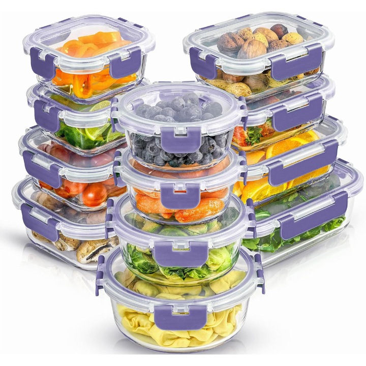 Set 12 Caserole Alimentare din Sticla NextWave, Etanse, Fara BPA, Mov, 4.5x5.8cm
