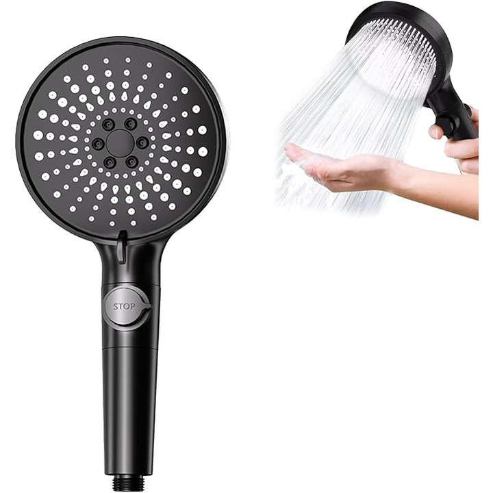 Cap de dus, para de dus, Tokaneit Manoeala 25 cm ABS Negru, 5 Jeturi, Economisire Apa si Presiune Ridicata