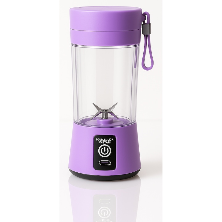 Blender portabil reincarcabil, capacitate 380ml, USB, 2000mAh, mixare fructe si legume, sucuri fresh, smoothie, milkshake, cu lame inox SUS304, mini blender de calatorie puternic si compact, mov