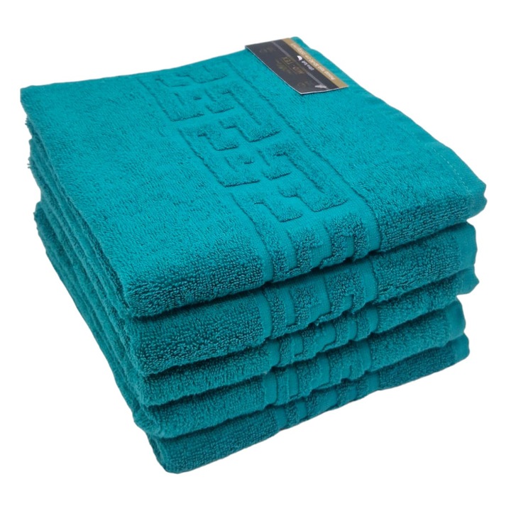 Комплект 5 хавлиени кърпи за баня от 100% първокласен памук, за лице и ръце, ултра меки, пухкави и абсорбиращи, 500 GSM, хипоалергенни, устойчиви на износване и многократно пране, с гръцки бордюр за елегантен и изискан вид, размер 50x90 см, Тюркоаз