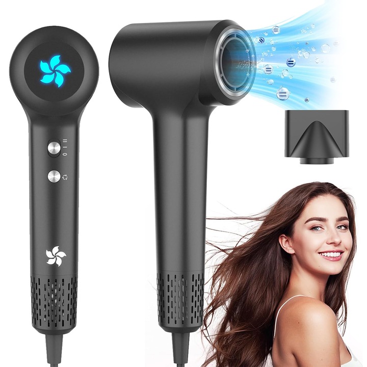 Професионален сешоар, сешоар с 2 температурни степени, сешоар с 3 регулируеми скорости, 110000 RPM, 1500 W, сешоар с йонизация 200 милиона за блясък, бързо сушене, нисък шум, компактен преносим дизайн, тъмно сив