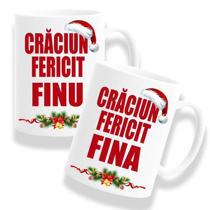 Set 2 cani cu mesaj:"Craciun fericit Fina/Finu", Betaprint, Model 4, ceramica, alba, 330ml
