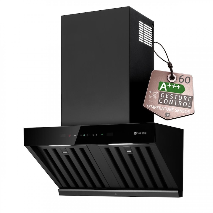 Hota Kompatic by Turbionaire, Kori 60 KPKR60WB, Perete, Motor 800mc/h, Clasa A+++, Control prin Gesturi, Touch, Telecomanda, Auto Heat Detection Mode, Reminder curatare filtre, Colector grasimi, Boost/Super Boost, Filtre Baffle Avansate, Negru, 60 cm