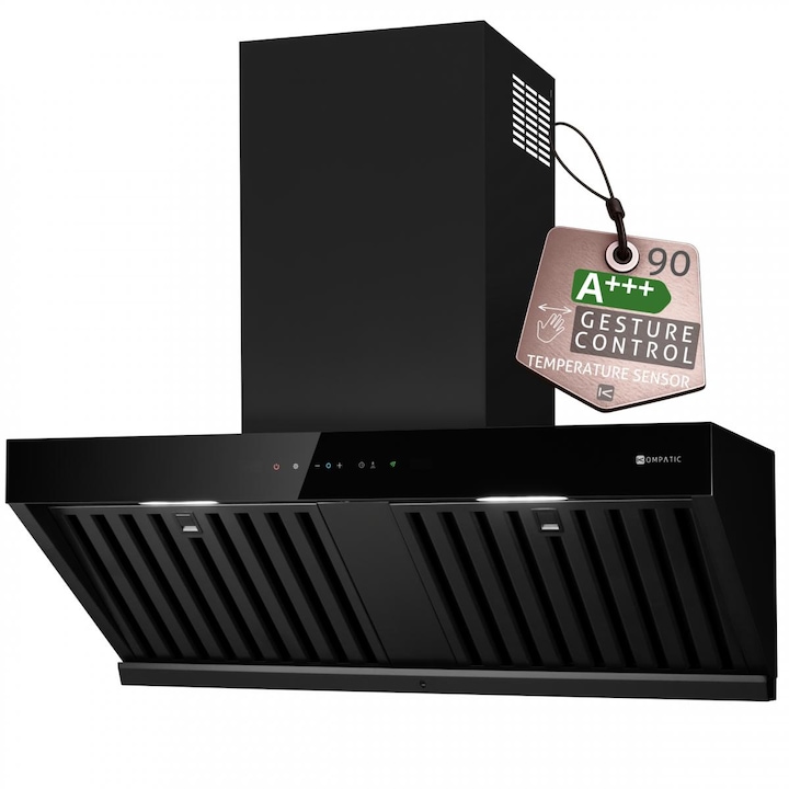 Hota Kompatic by Turbionaire, Kori 90 KPKR90WB, Perete, Motor 800mc/h, Clasa A+++, Control prin Gesturi, Touch, Telecomanda, Auto Heat Detection Mode, Reminder curatare filtre, Colector grasimi, Boost/Super Boost, Filtre Baffle Avansate, Negru, 90 cm